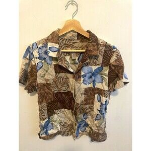 Sunset Cove Men's S Regular Brown Blue Beige Floral Hawaiian Rayon Button-Up